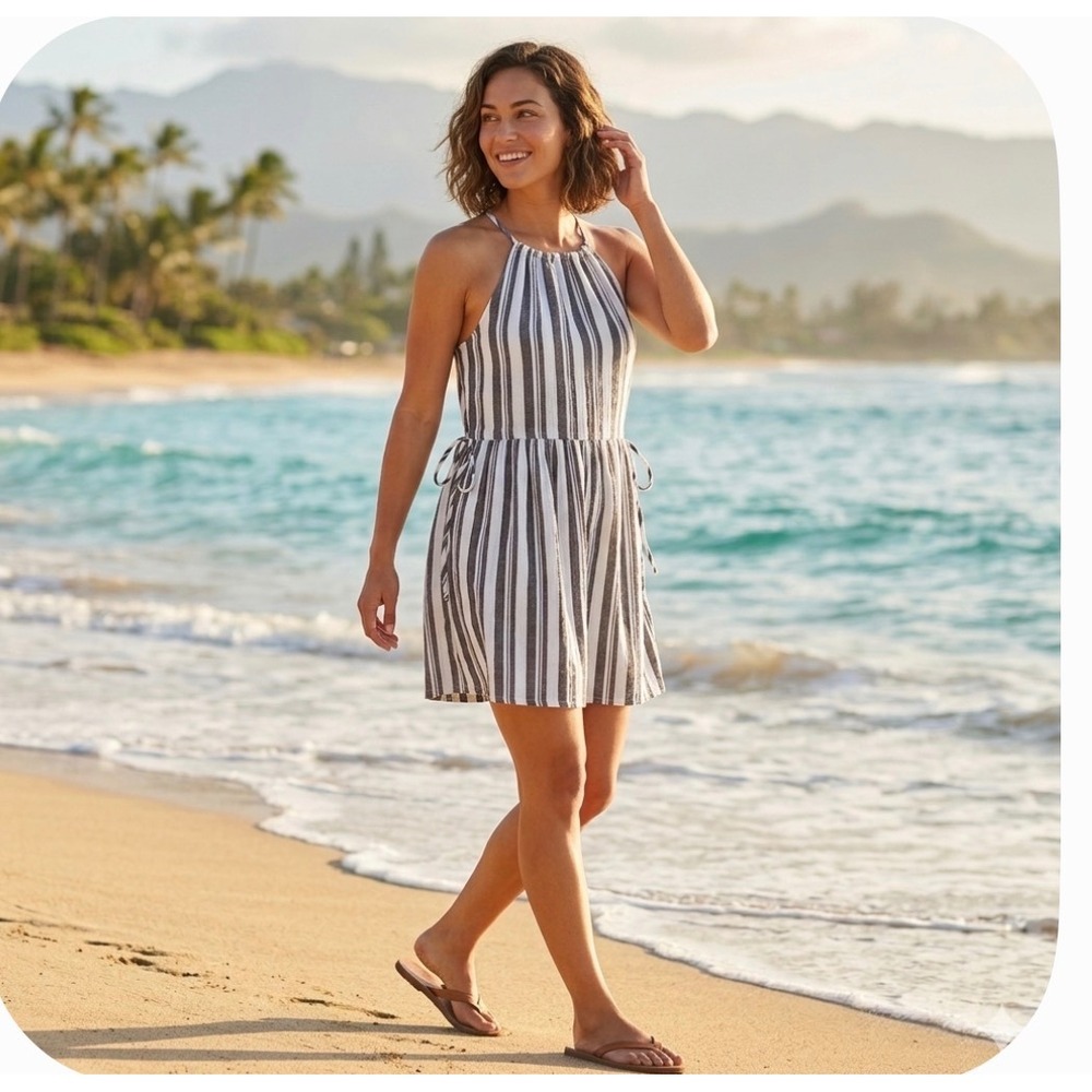 CALIA Swim Coverup Women L‎ White Striped Split Neck Halter Mini Dress